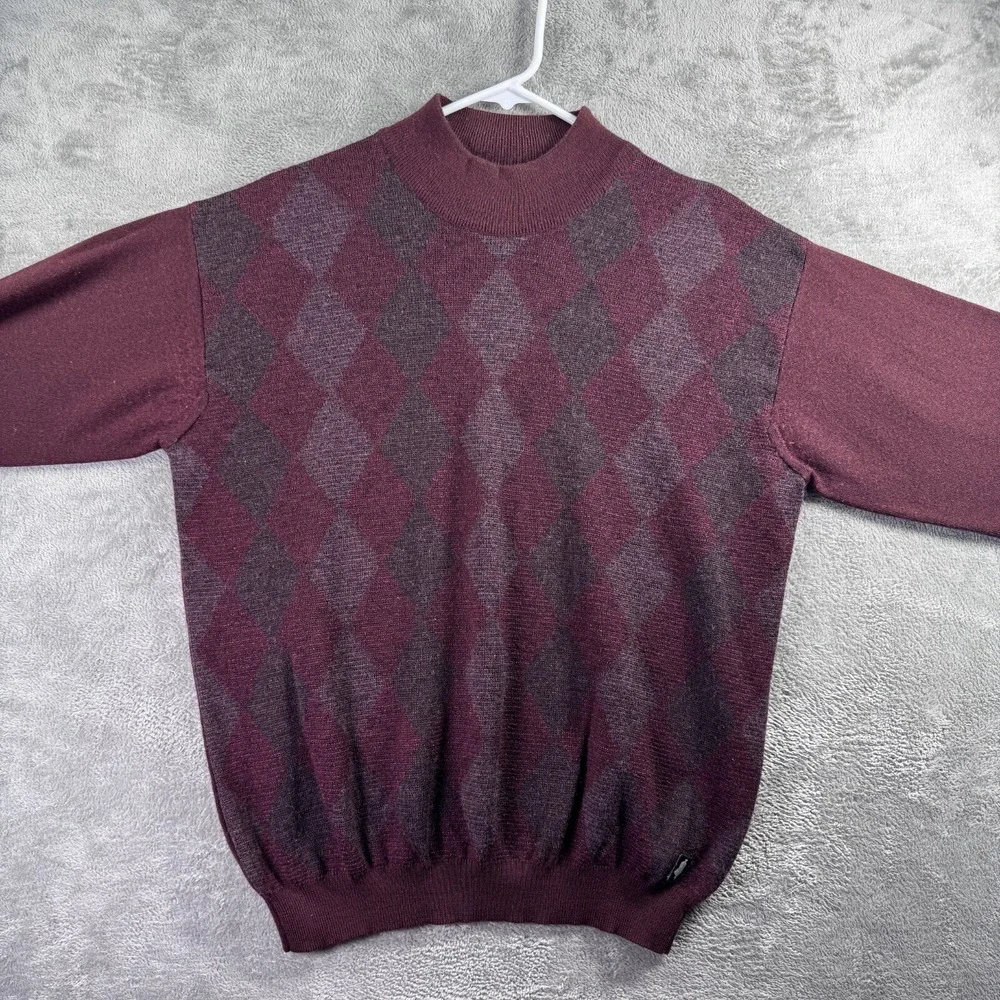 Vintage 90s Argyle Sweater Mens Large Burgundy Grey Mock Neck Pullover Retro